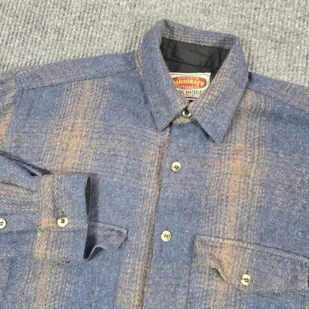 Paragraff Shirt Jacket Mens XL Blue Plaid‎ Heavy Wool Blend Flannel Long Sleeve